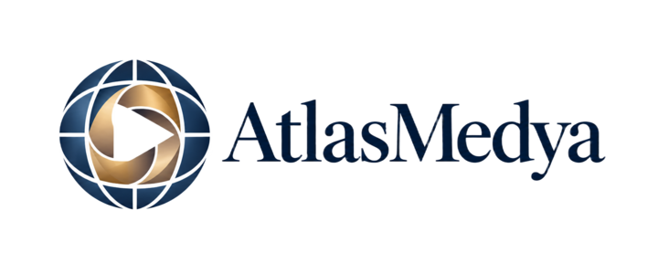 AtlasMedya logo: a globe with a golden aperture and play symbol