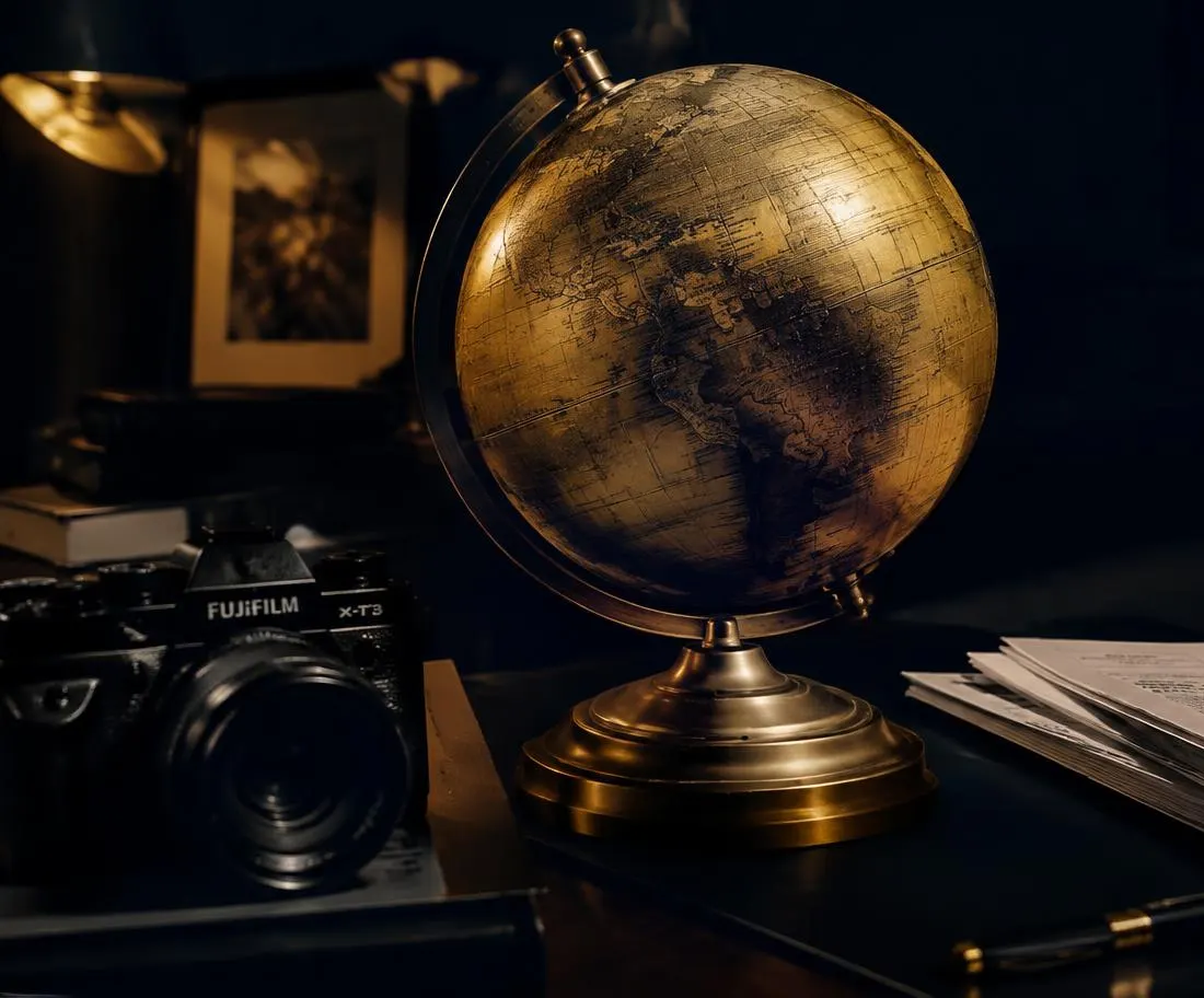 Antique brass globe beside a camera on a dark editorial desk